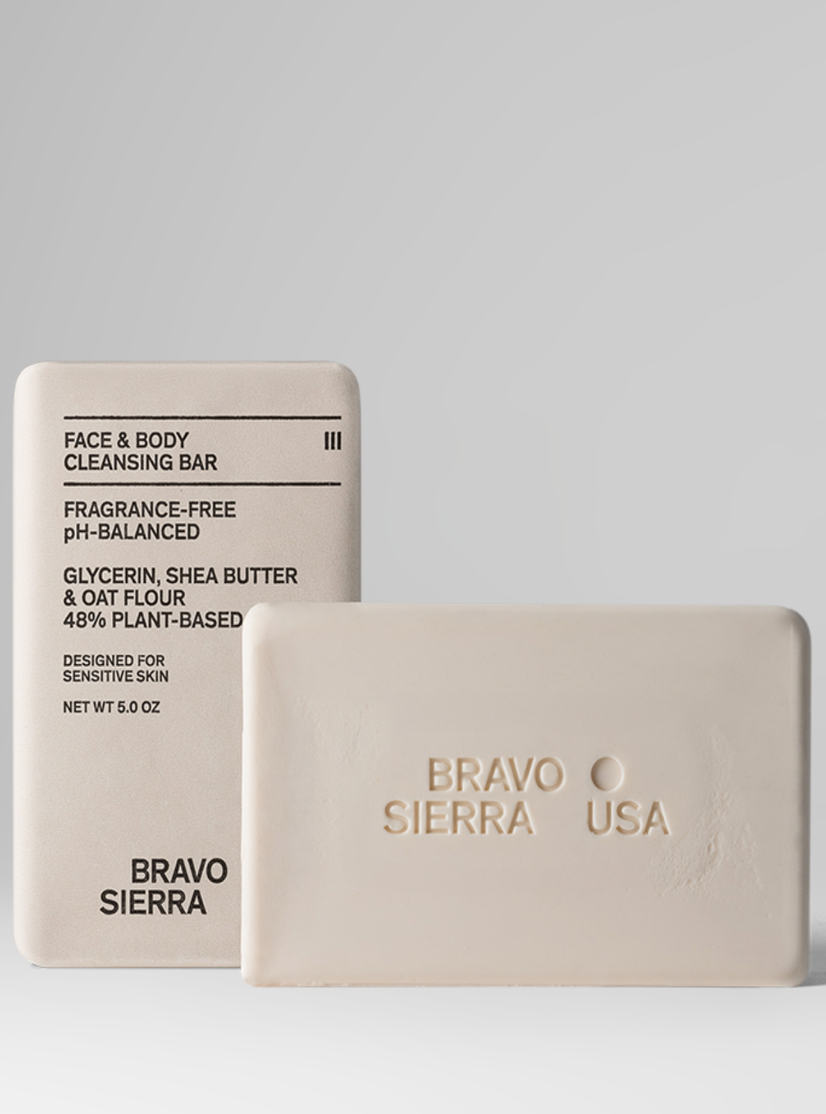 Bravo Sierra face and body cleansing bar on a gray background