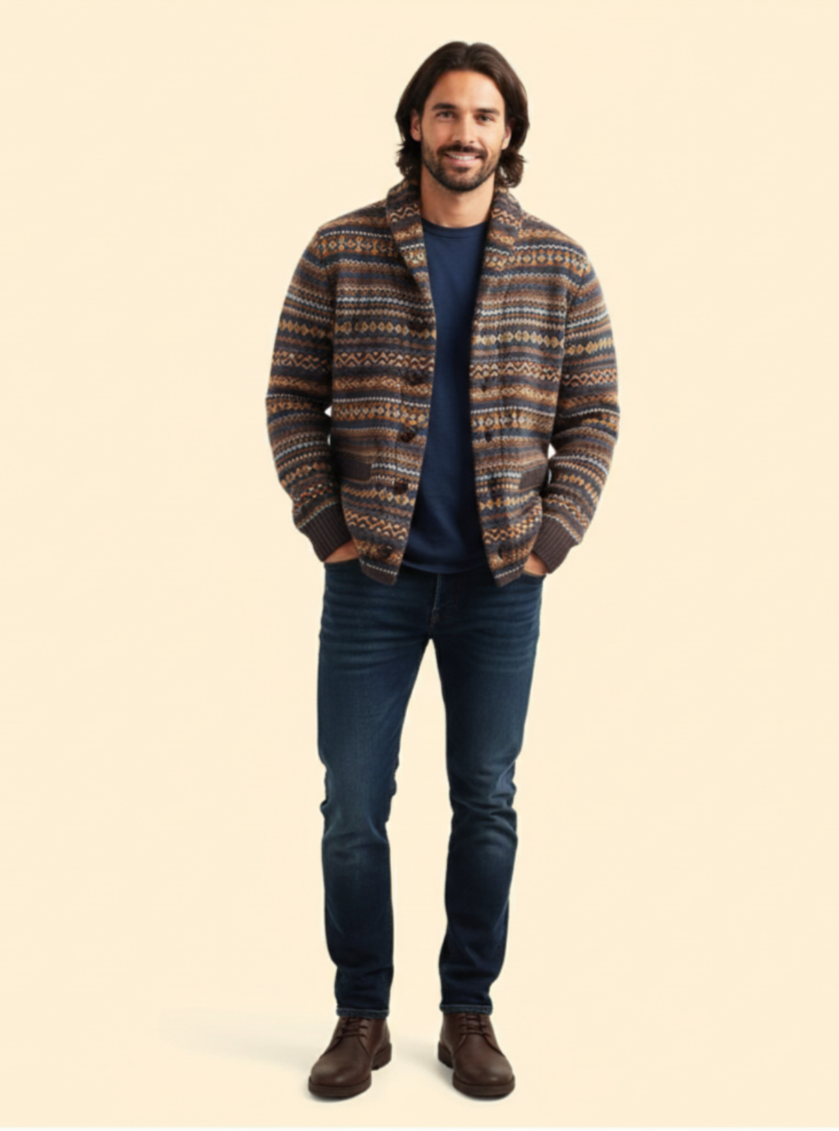 Man wearing a patterned jacket and jeans on a beige background