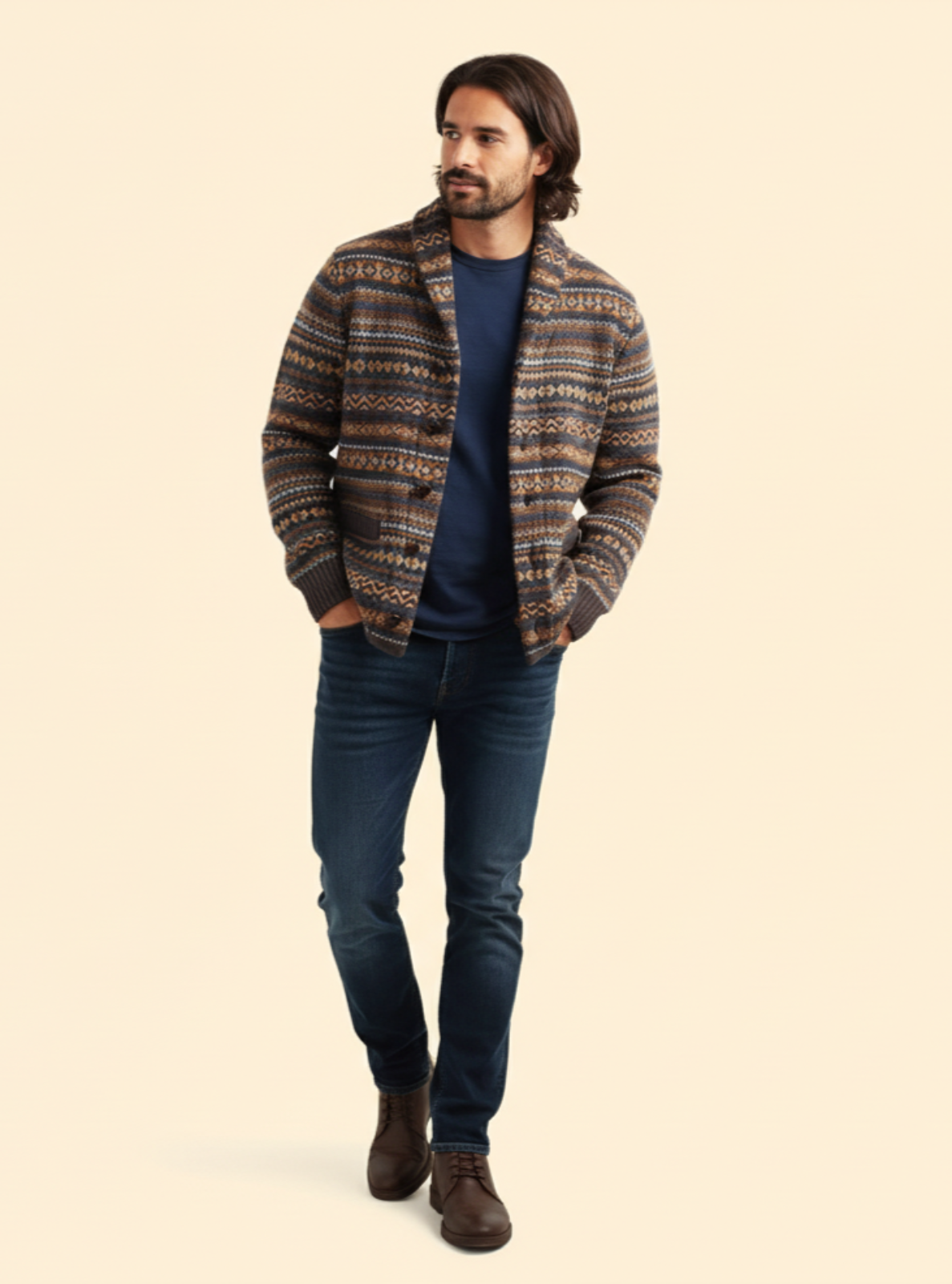 Man wearing a patterned jacket, navy shirt, and jeans on a beige background