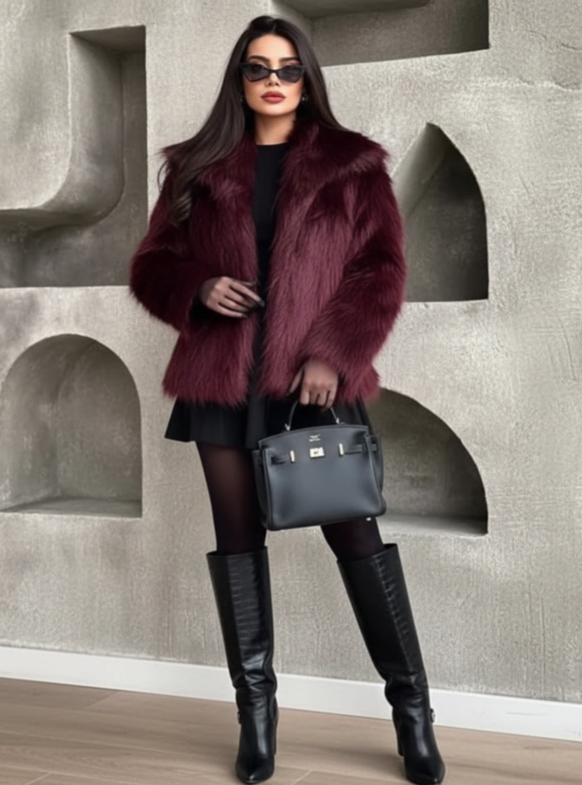 Woman in a burgundy fur coat and black knee-high boots holding a black handbag against a textured wall.