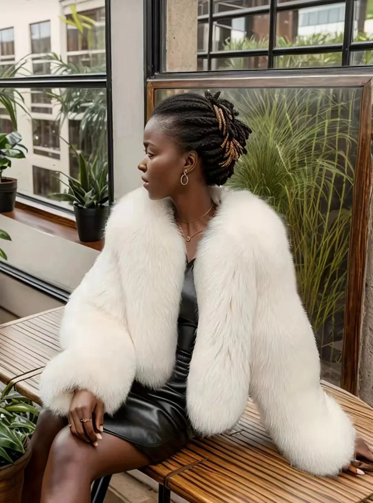 Woman wearing a white fur coat sitting on a bench indoors with plants in the background
