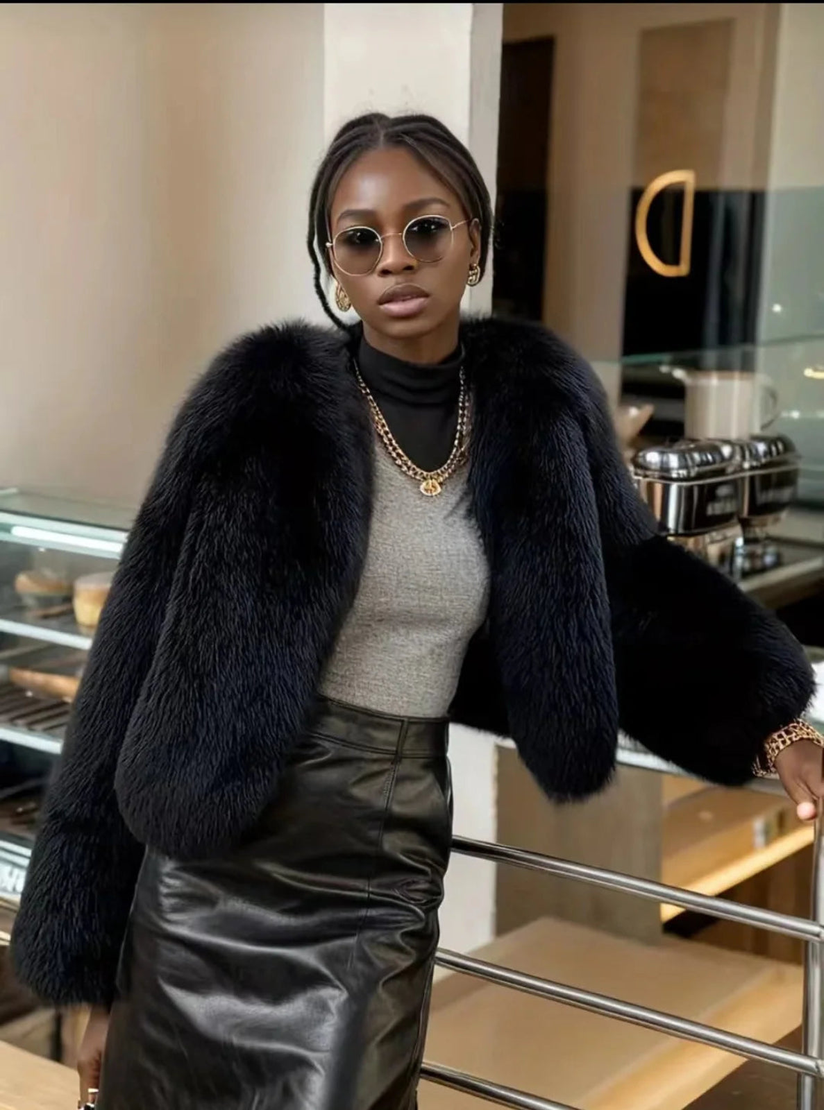 Woman wearing a black fur coat, gray top, and leather pants in an indoor setting.