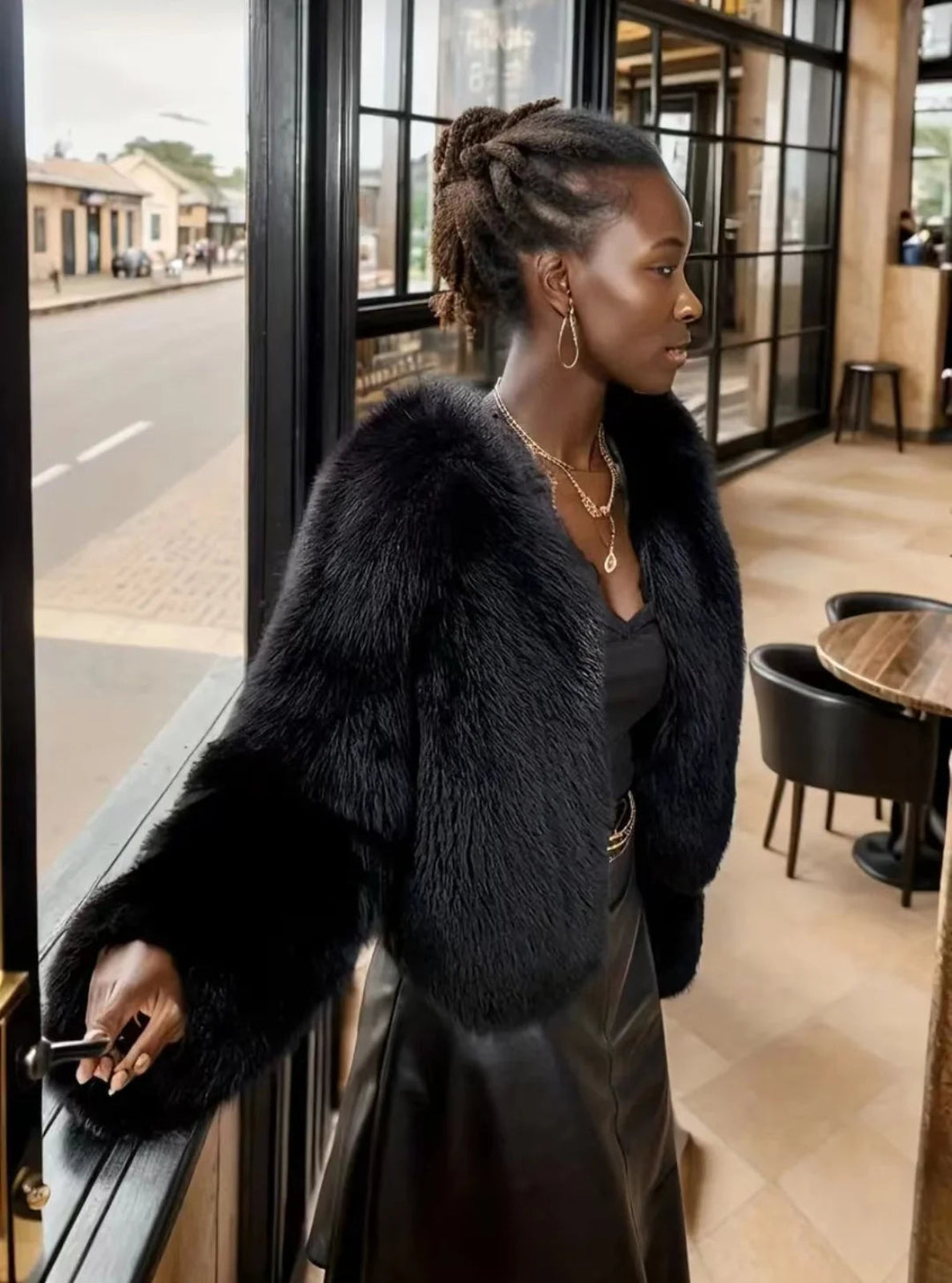 Woman wearing a black fur coat in an indoor setting