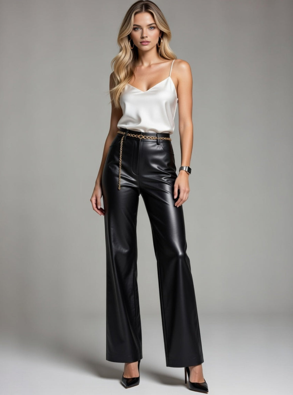 Woman wearing a white top and black leather pants on a gray background