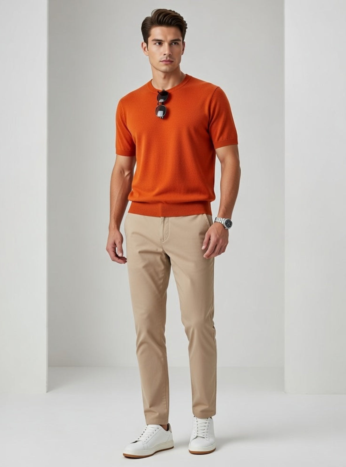 Man wearing an orange shirt, beige pants, and white shoes against a plain background