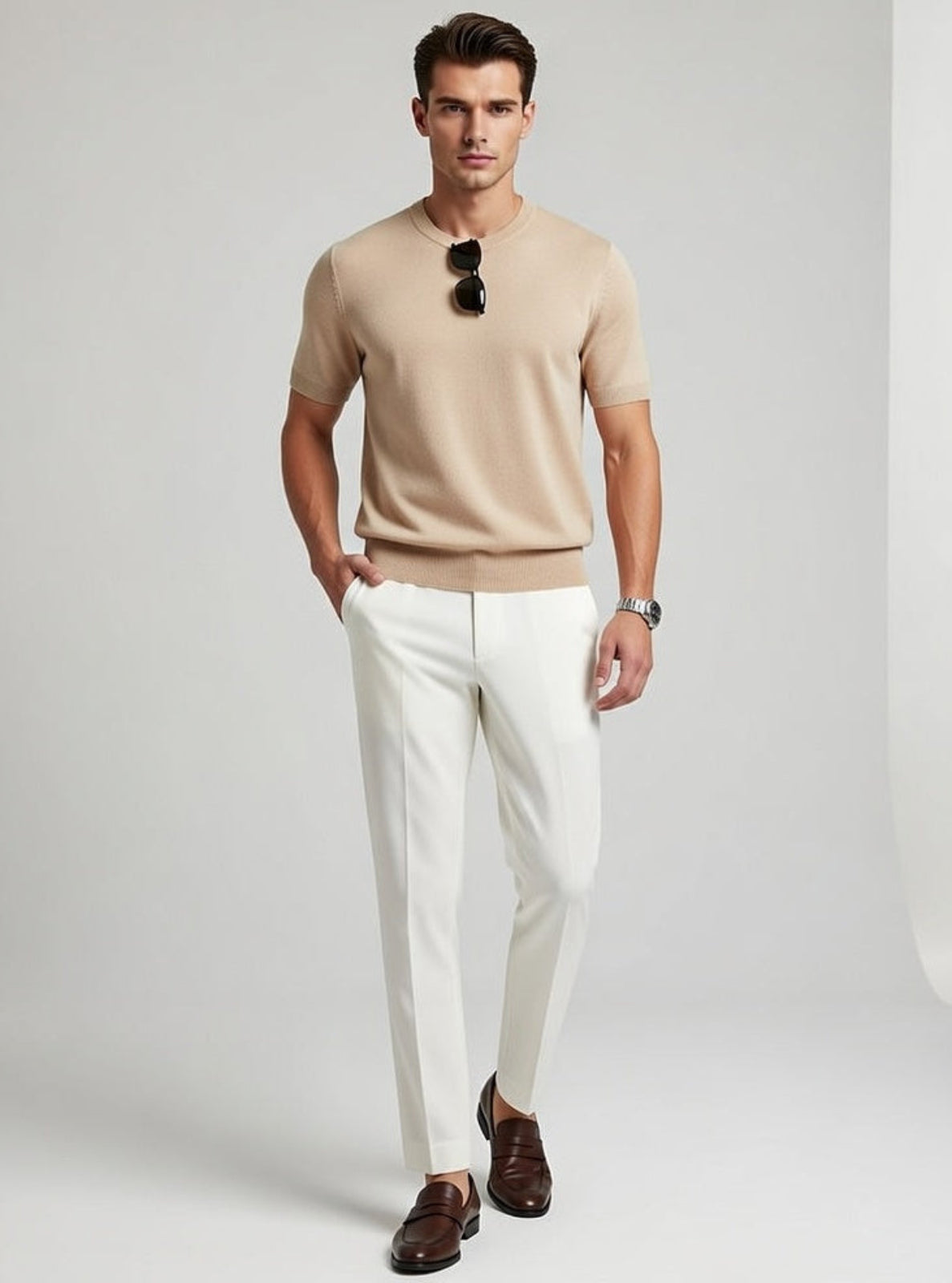 Man wearing a beige sweater, white pants, and brown shoes on a plain background