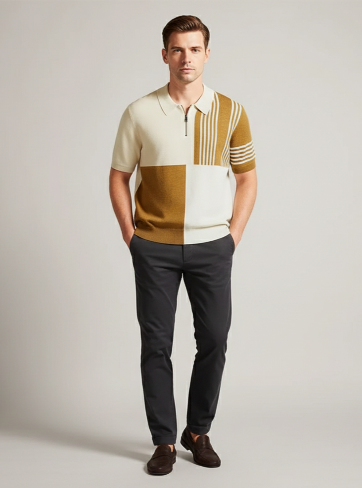 Man wearing a patterned polo shirt and dark pants on a plain background