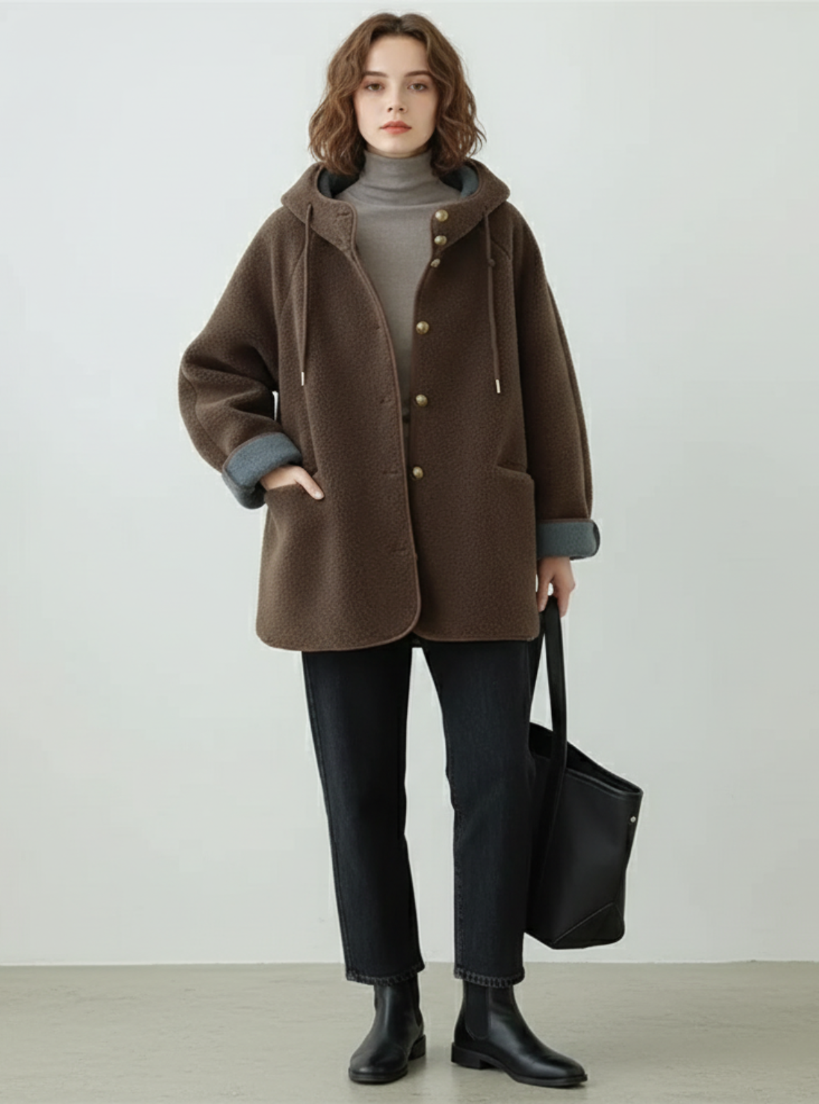 Person wearing a brown coat holding a black bag against a white background