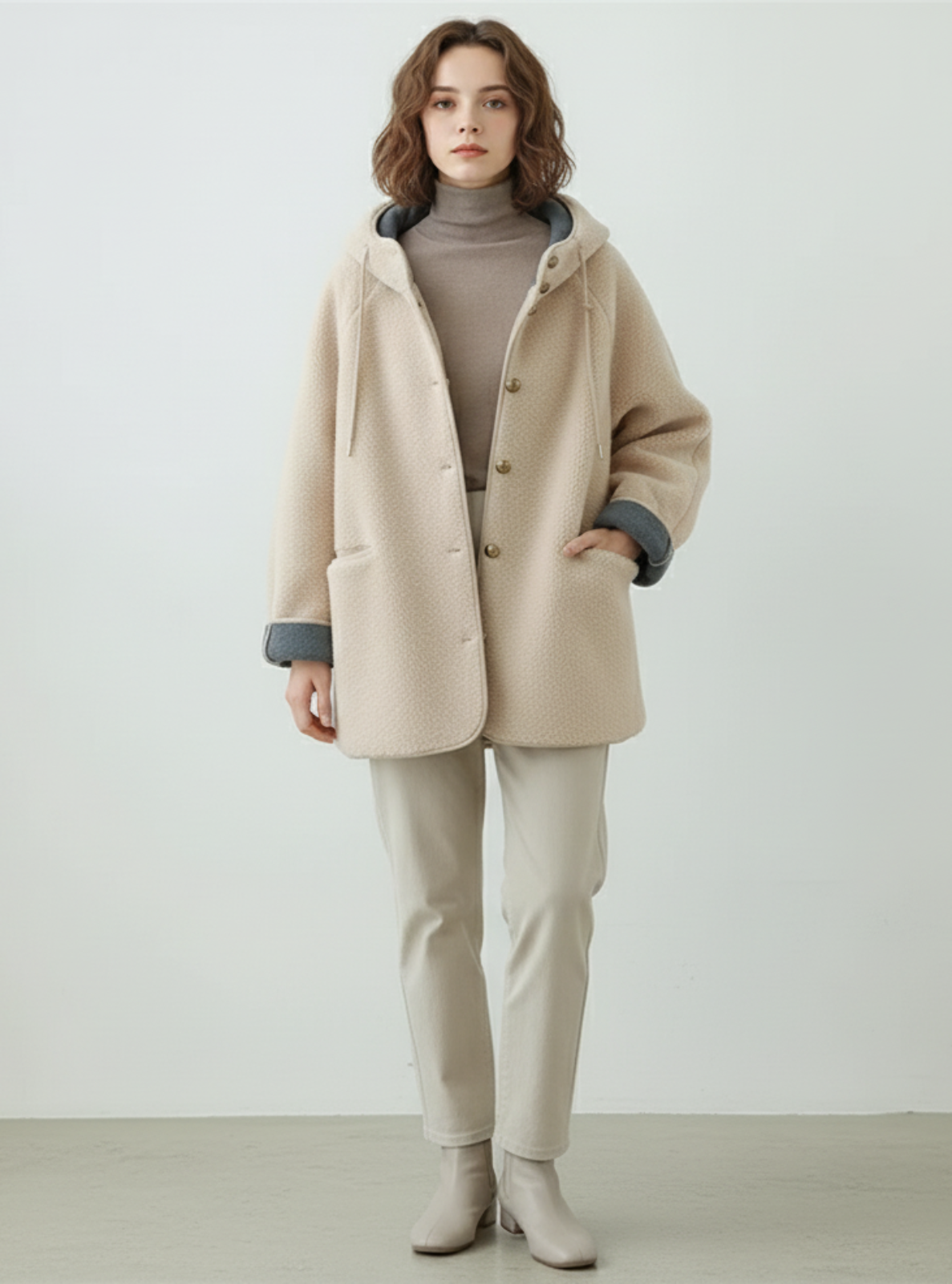 Woman wearing a beige coat, turtleneck, and pants on a white background
