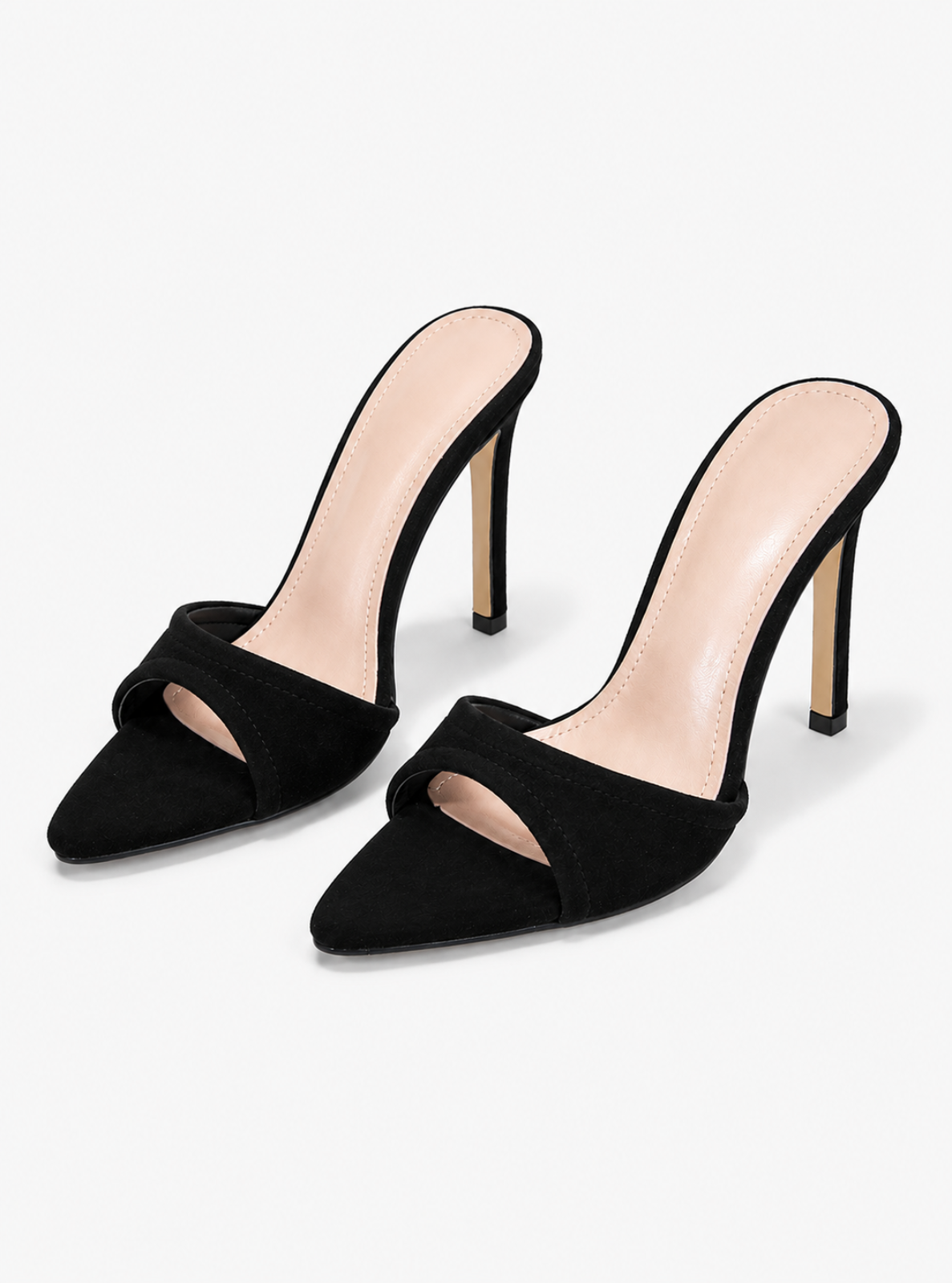 A pair of black pointed-toe mule heels with a slingback design, featuring a double strap across the instep and slim high stiletto heels, shown against a plain light background.