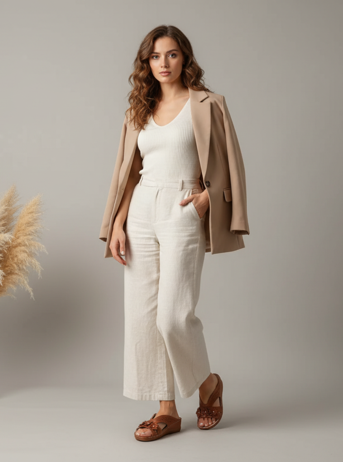 Woman wearing a beige blazer, white top, and pants with pampas grass in the background.
