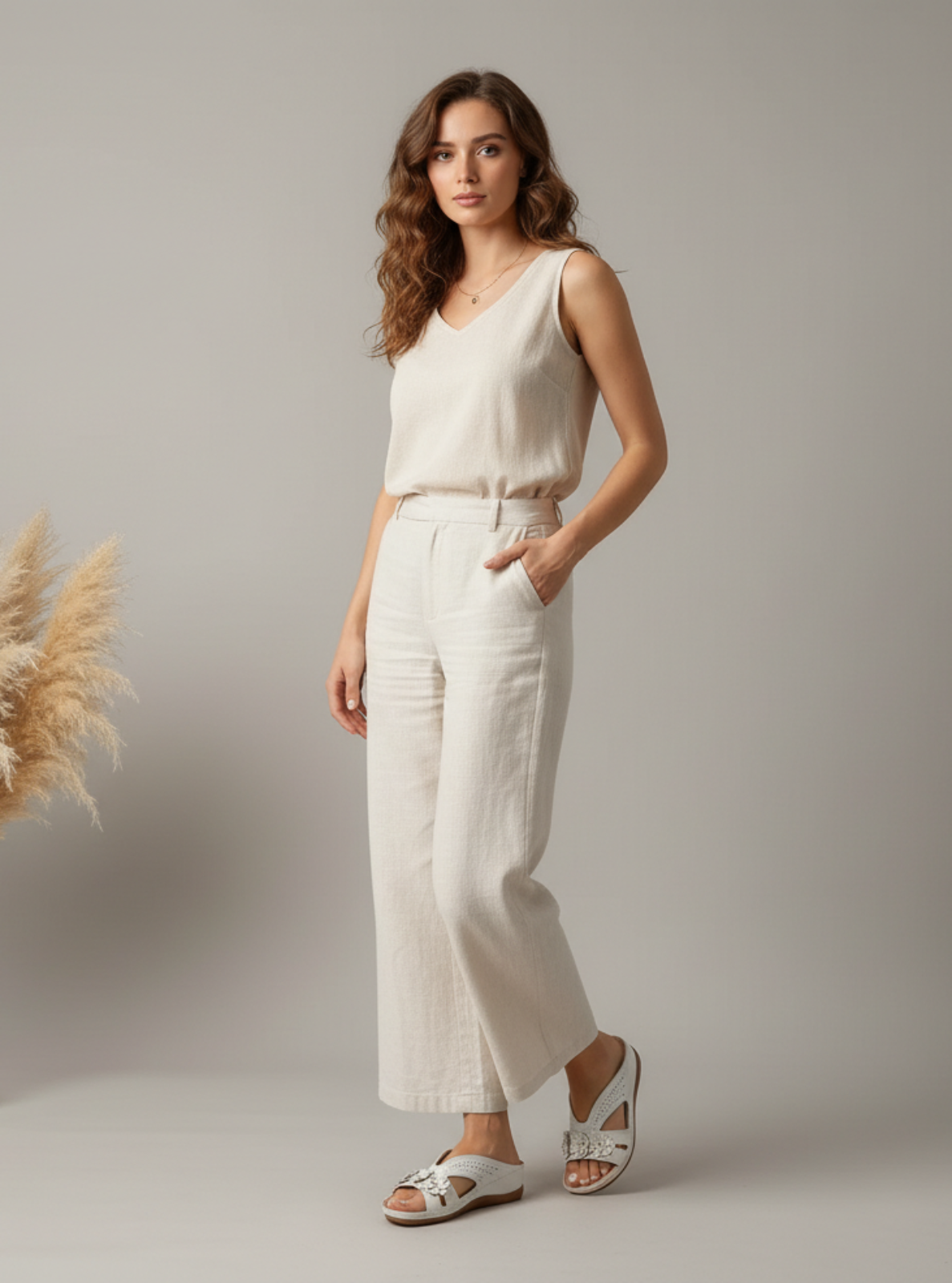 Woman wearing a white sleeveless top and pants standing against a neutral background with decorative elements.