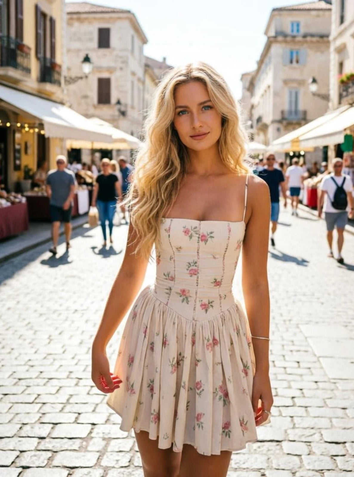 Woman in a floral dress standing on a street with buildings and people in the background
