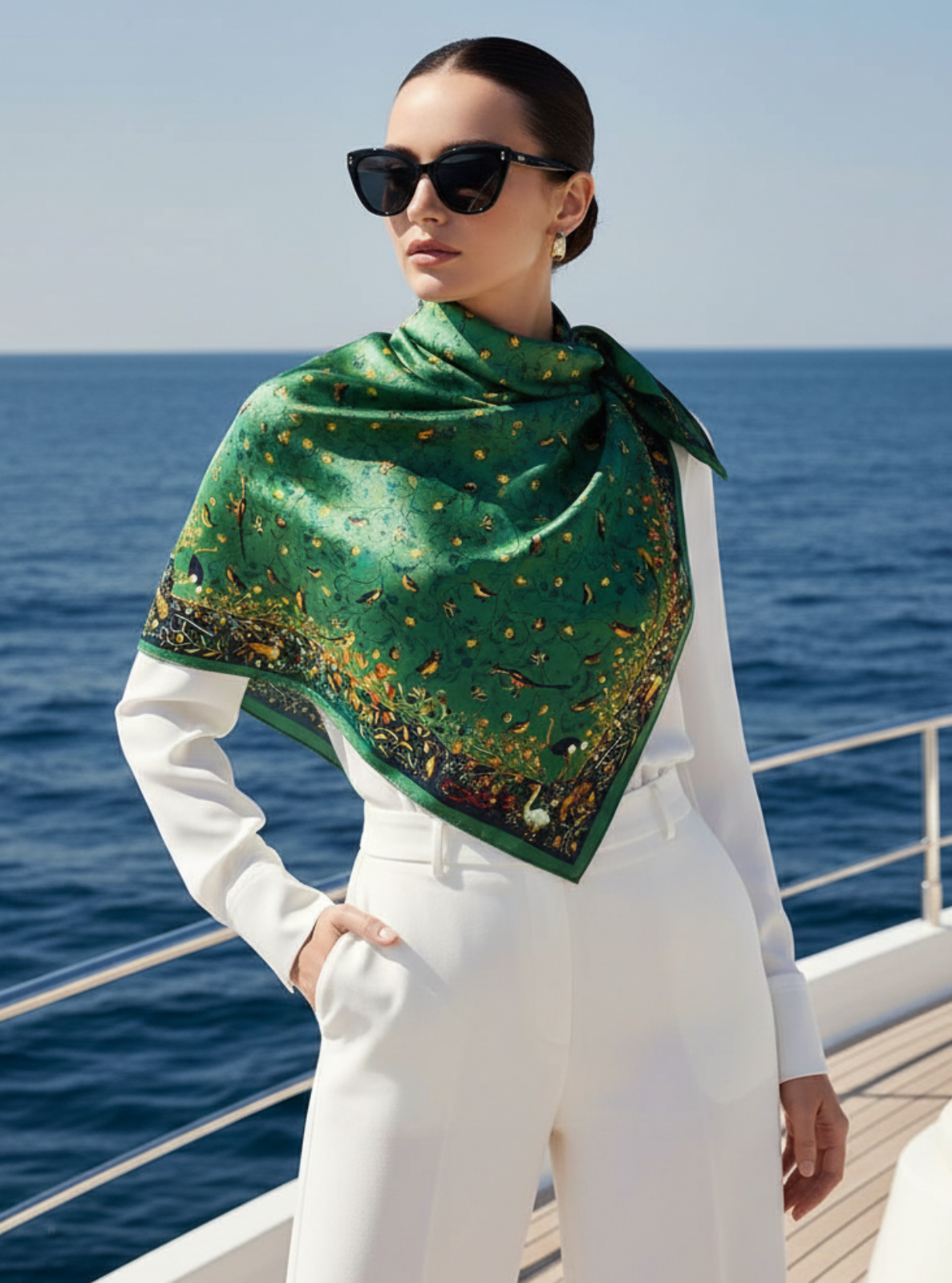 Woman wearing a green scarf and sunglasses on a boat with ocean in the background