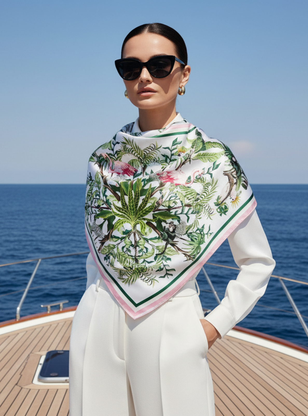 Woman wearing a floral scarf on a boat with ocean and sky in the background