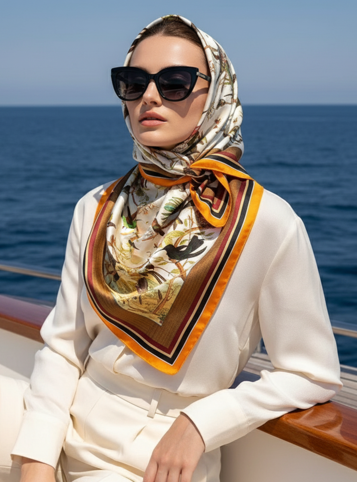 Woman wearing a patterned scarf and sunglasses on a boat with ocean in the background