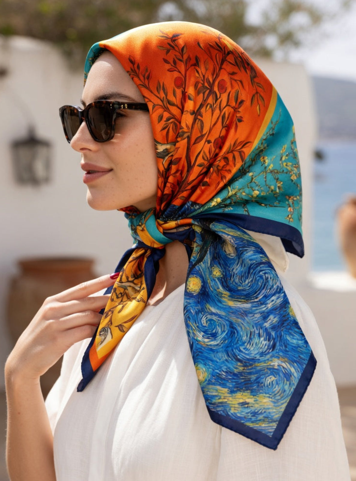 Woman wearing a colorful scarf with Van Gogh's 'Starry Night' design outdoors.