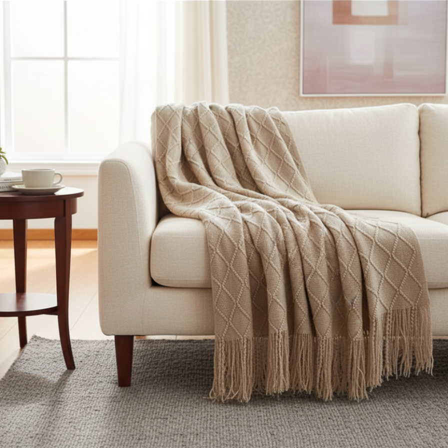 Beige blanket draped over a white sofa in a living room setting.