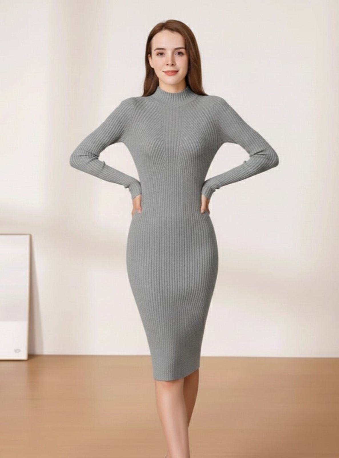 Woman wearing a gray ribbed dress standing against a plain background