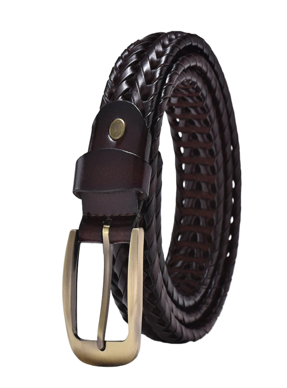 Wine woven leather belt with a gold buckle on a white background