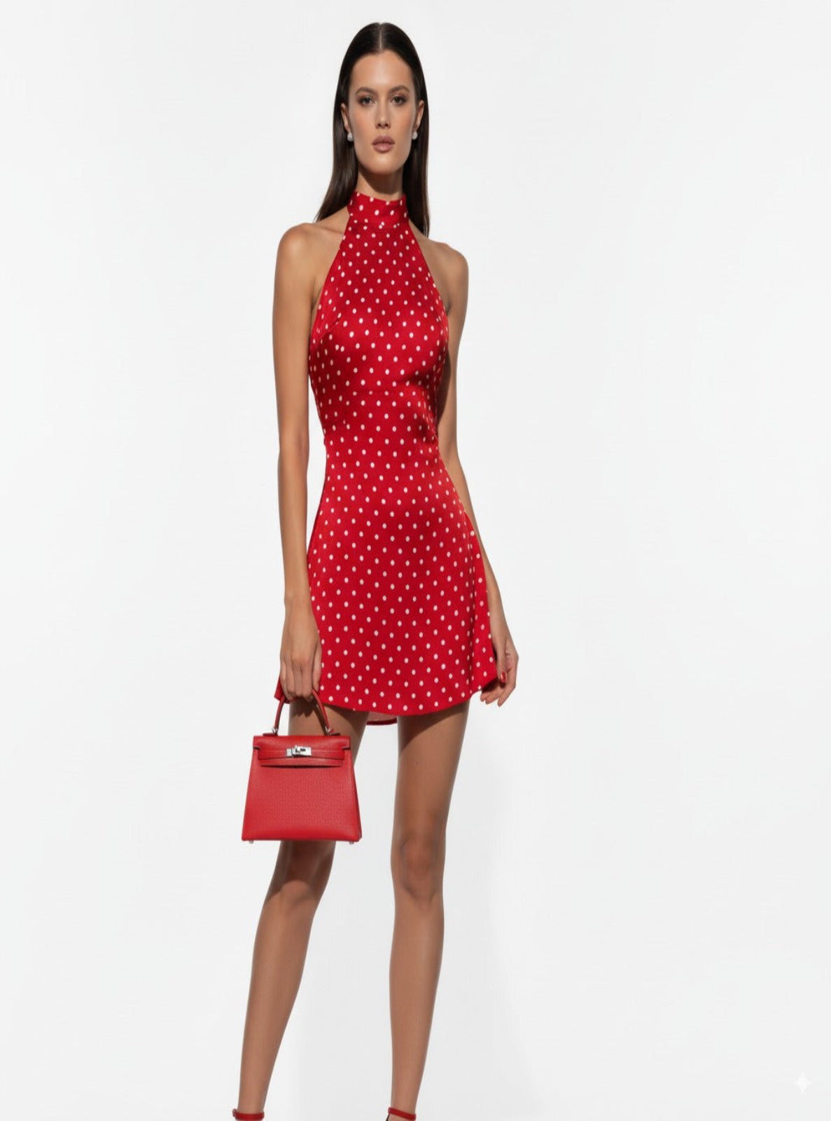 Woman wearing a red polka dot dress holding a matching handbag on a white background