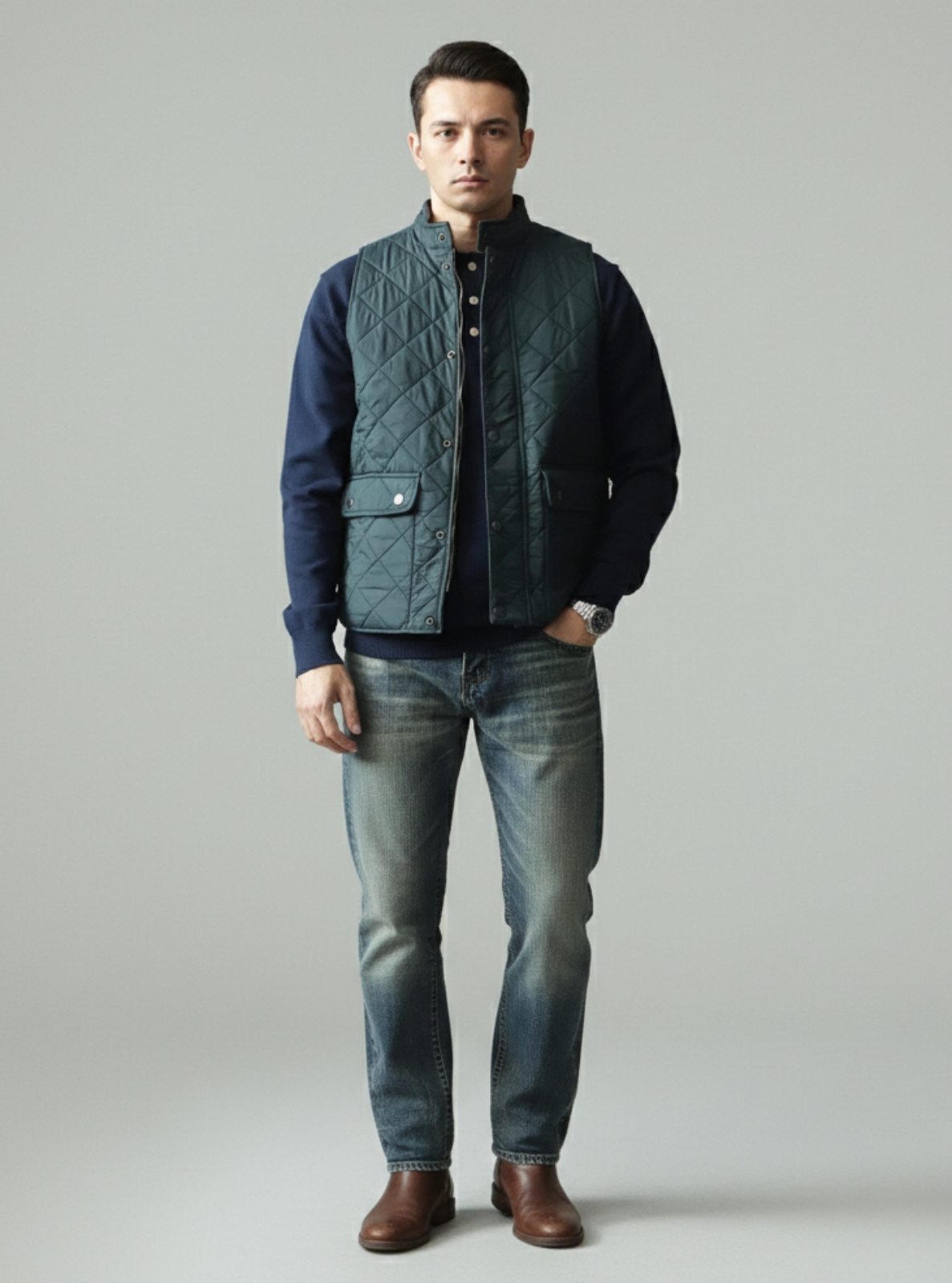 Man wearing a dark green quilted jacket, black shirt, blue jeans, and brown shoes on a gray background