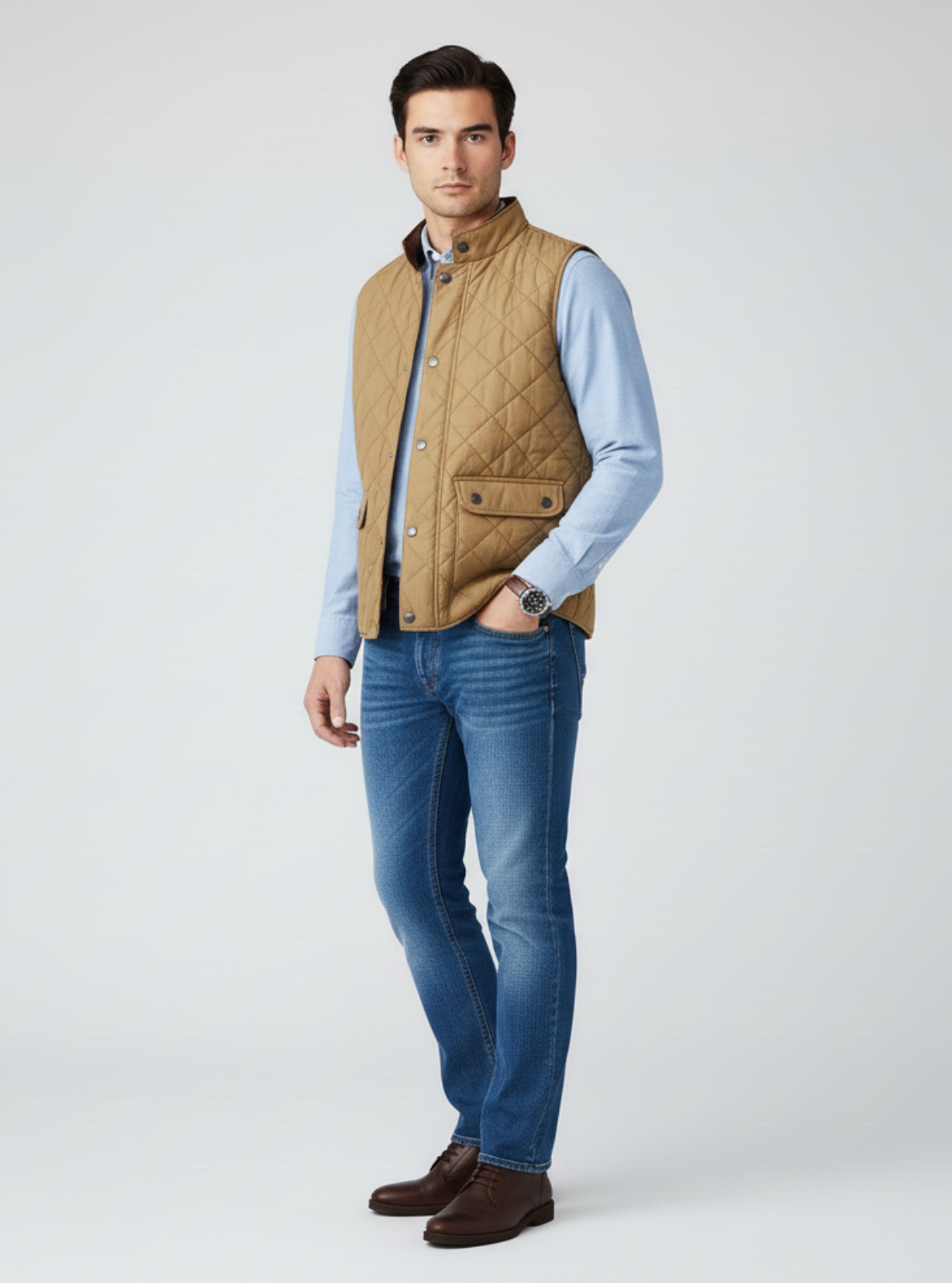 Man wearing a brown quilted vest, light blue shirt, and jeans on a white background