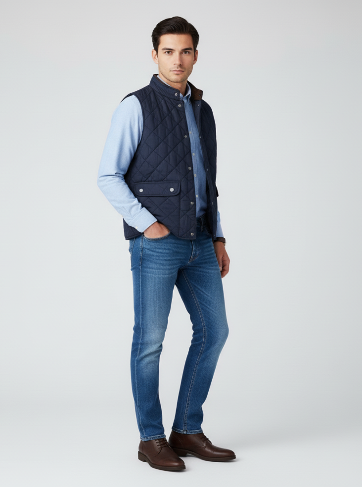 Man wearing a blue shirt, navy vest, and jeans on a white background