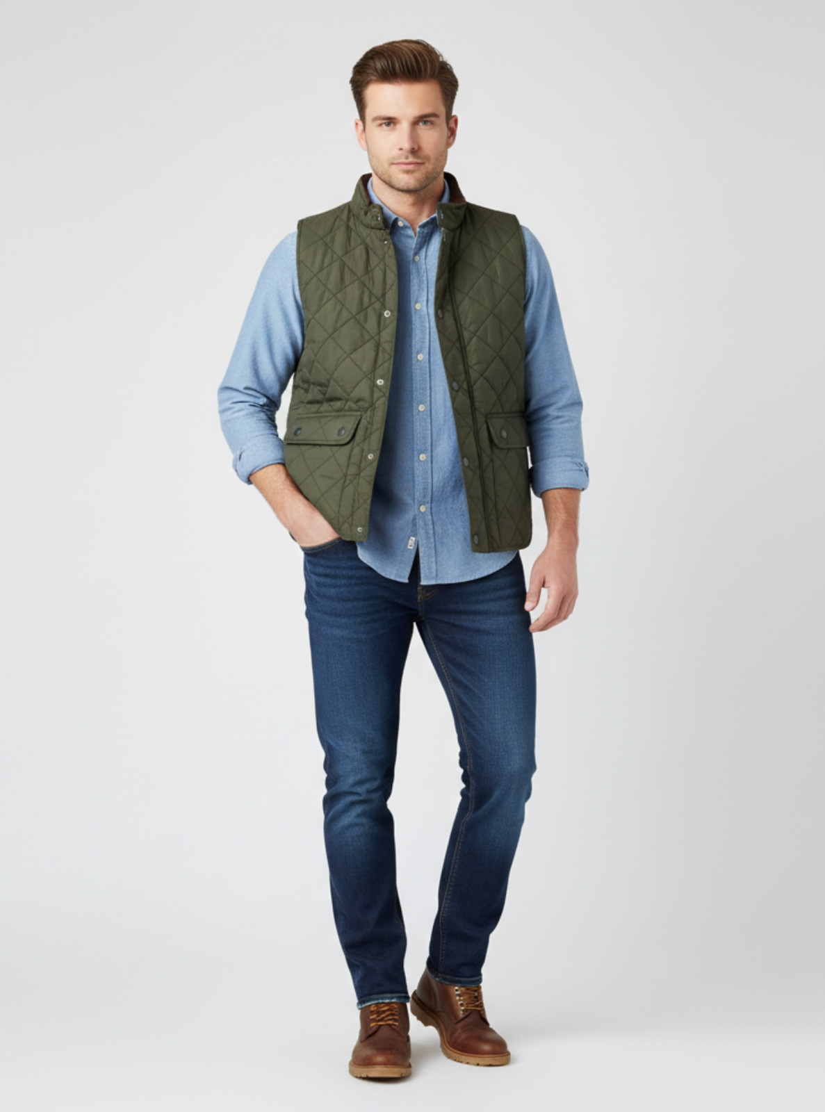 Man wearing a green vest, blue shirt, and jeans on a white background