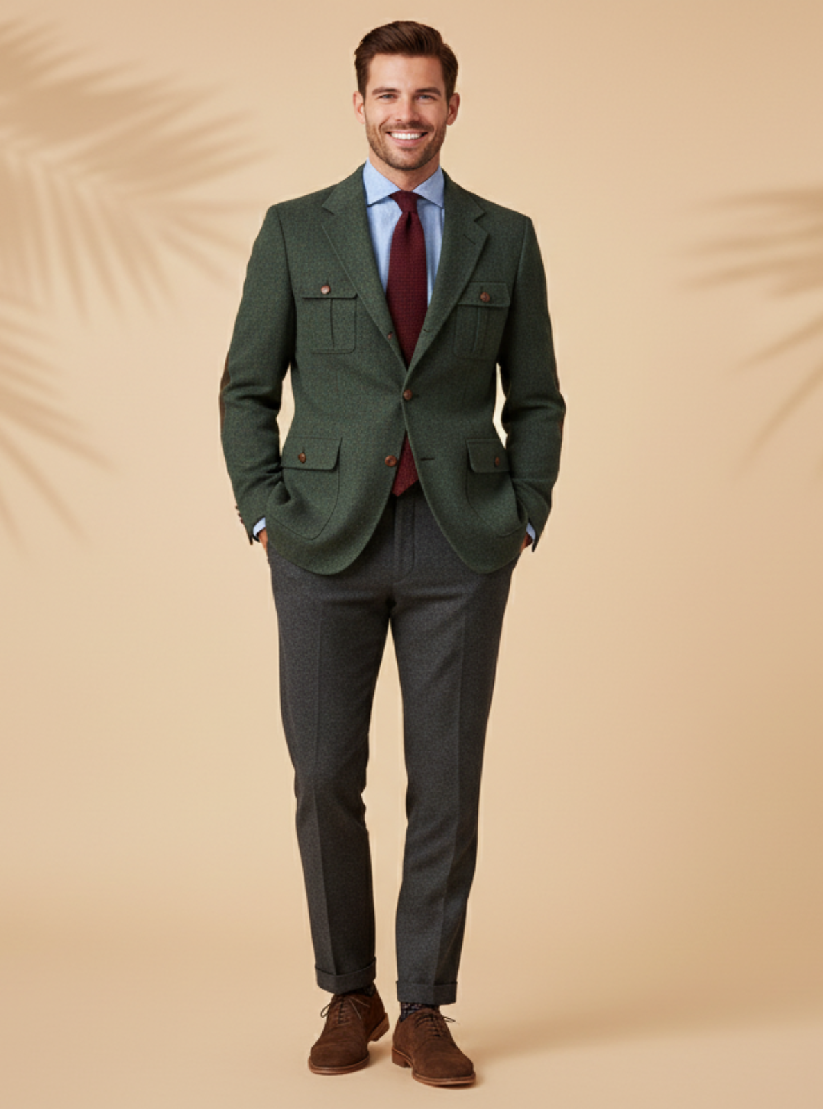 Man wearing a green suit with a red tie against a beige background