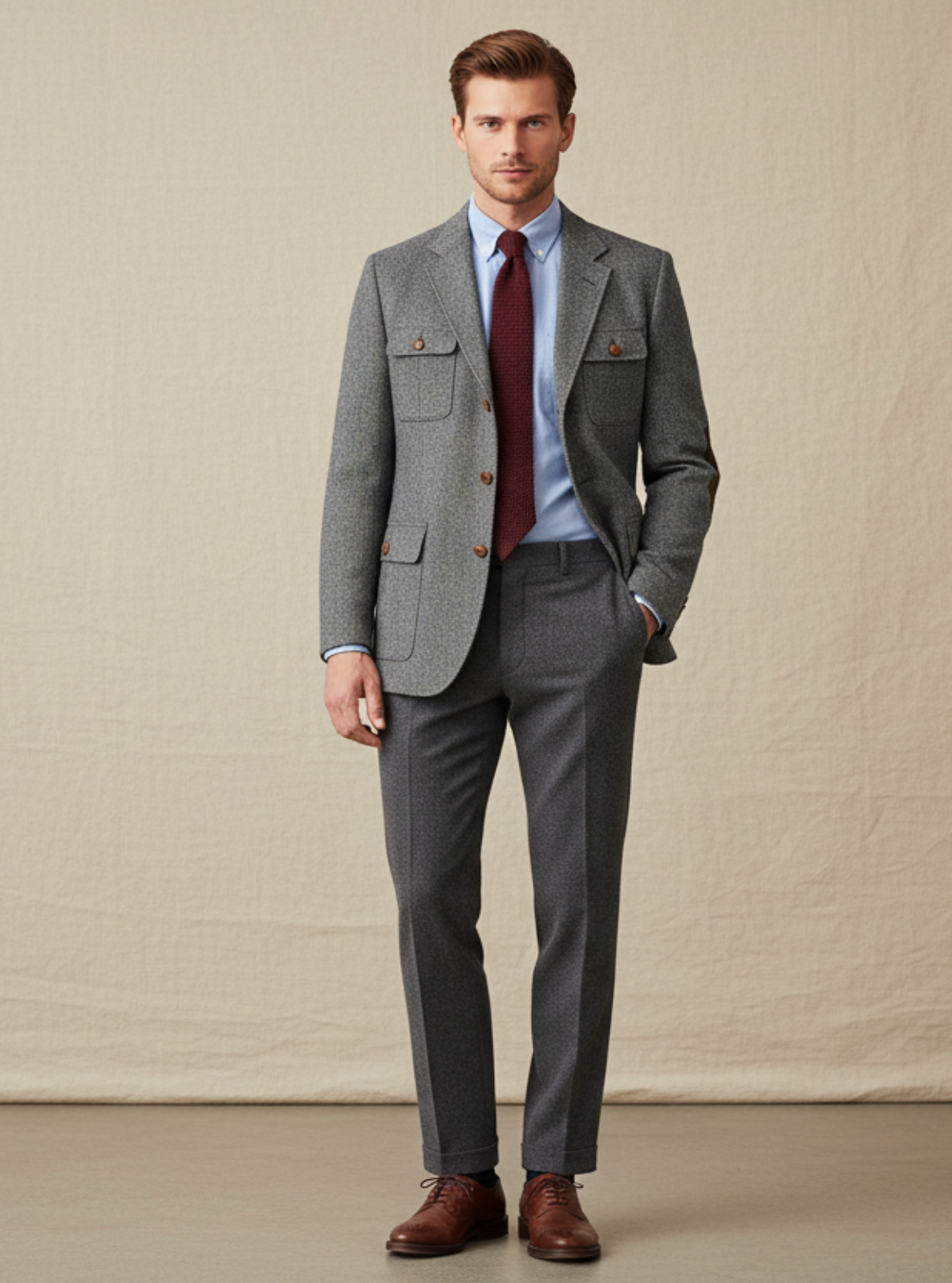 Man wearing a gray suit with a red tie against a beige background