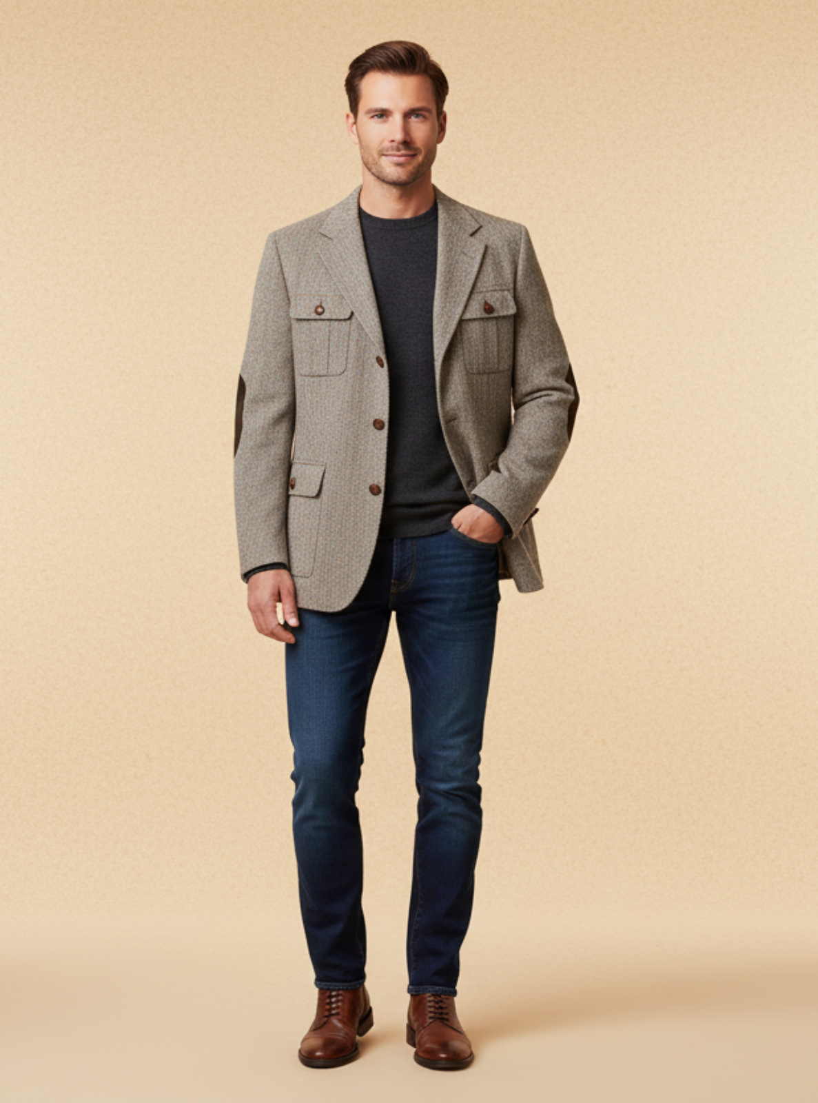 Man wearing a gray blazer, black shirt, blue jeans, and brown shoes on a beige background