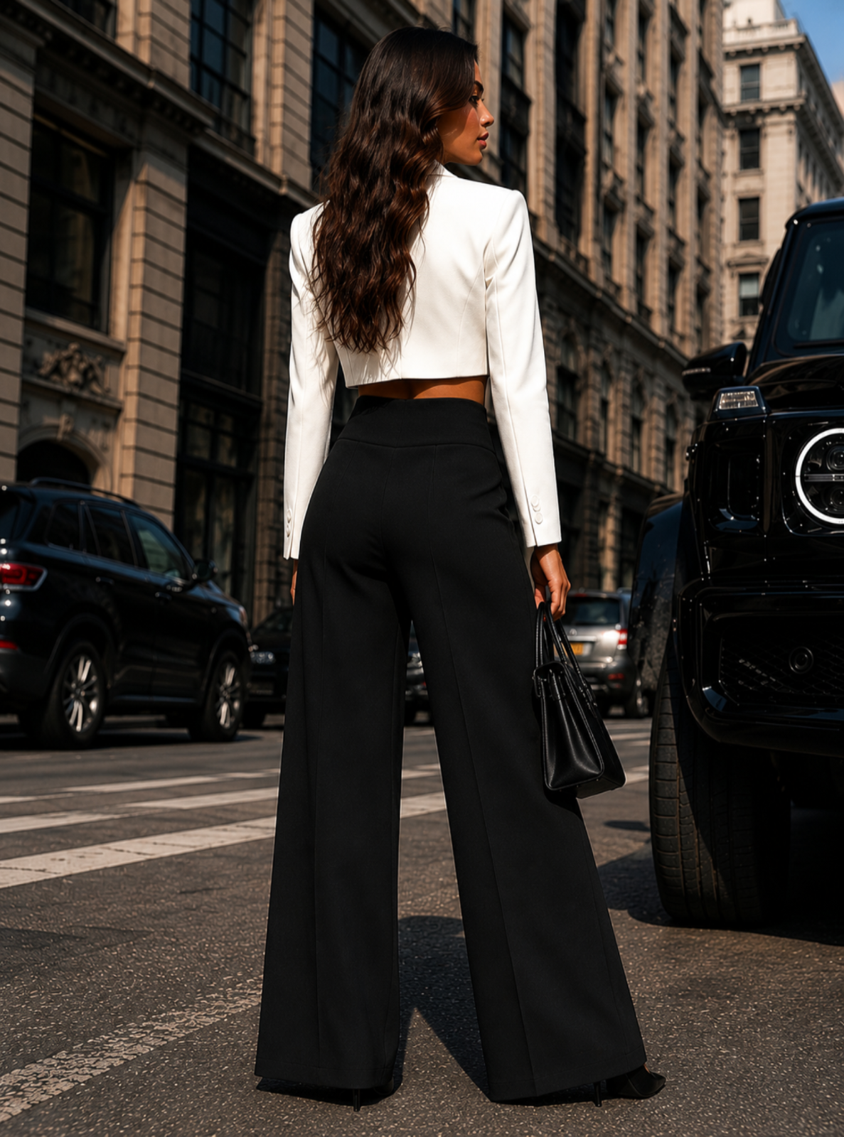 A woman stands on a city street wearing a white cropped long-sleeve top and black wide-leg trousers, holding a black handbag. Cars and urban buildings are visible in the background.