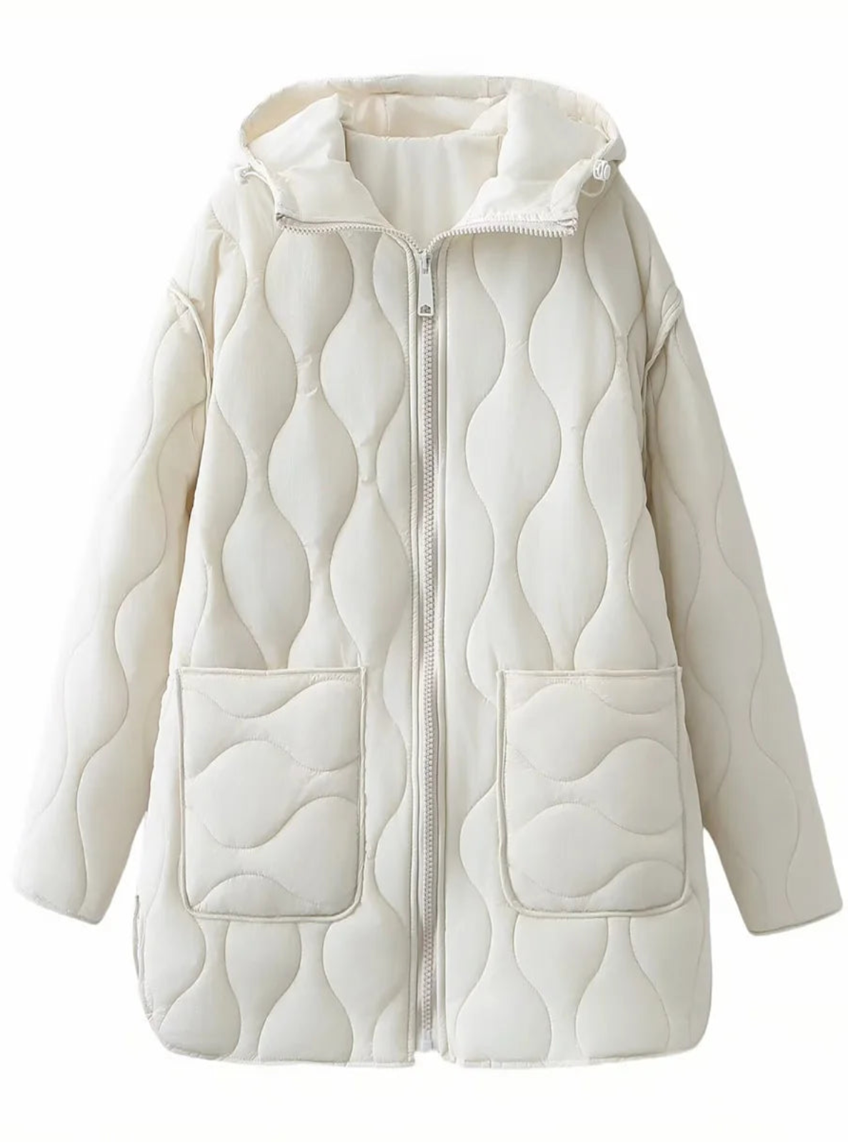 White quilted jacket with a hood on a white background