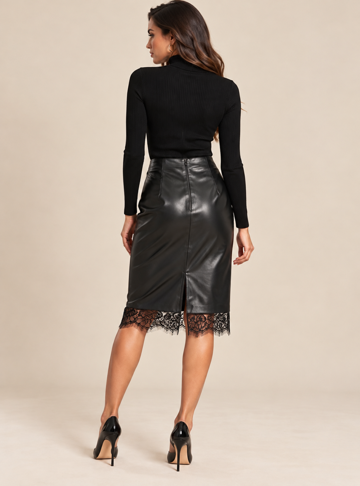 Lace-Trim Faux Leather Midi Skirt