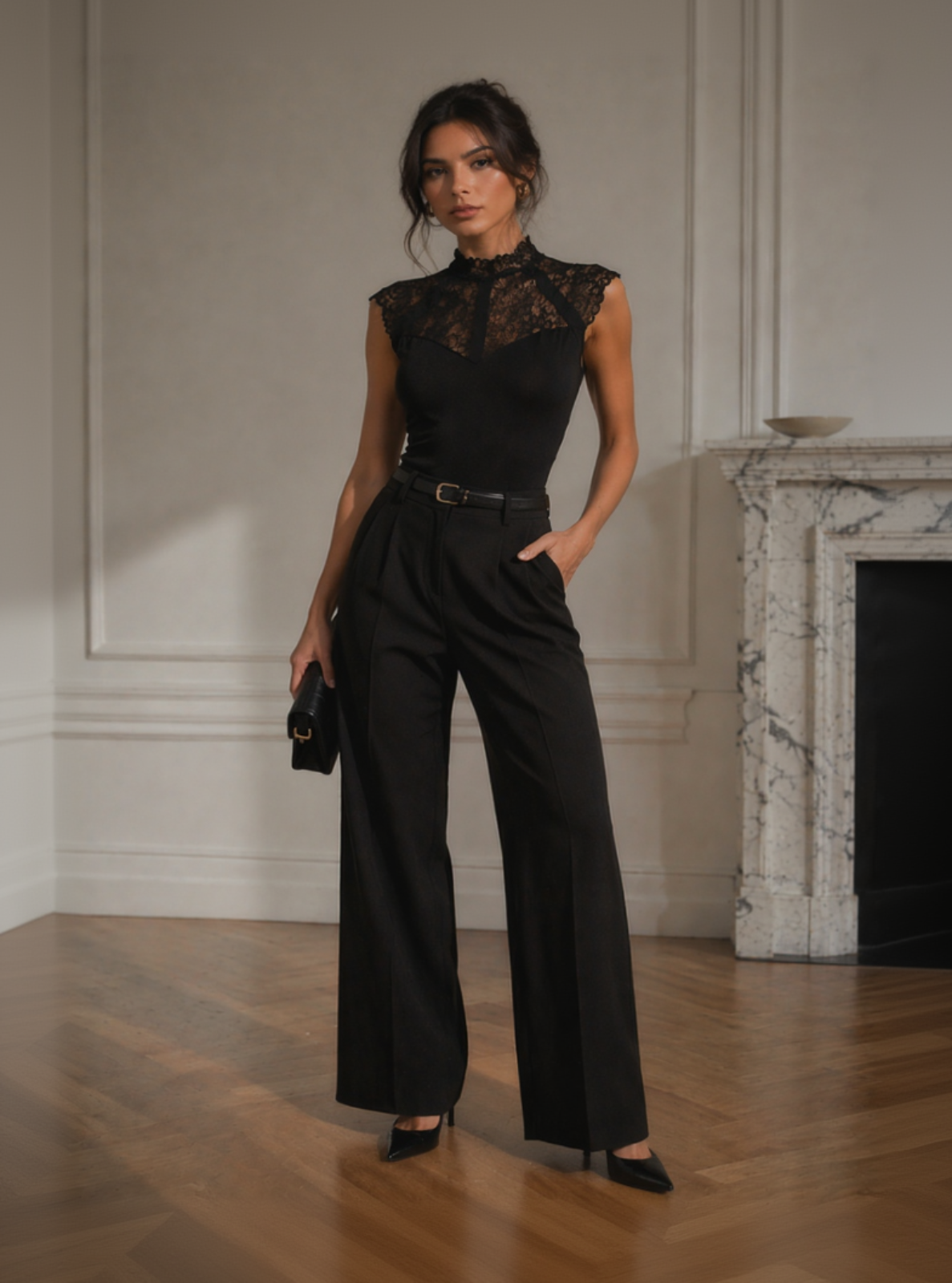 Woman wearing a black lace top and wide-leg pants in an elegant room.