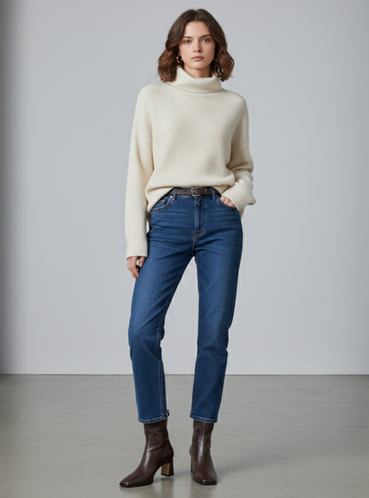 Woman wearing a cream sweater, blue jeans, and brown boots against a plain background