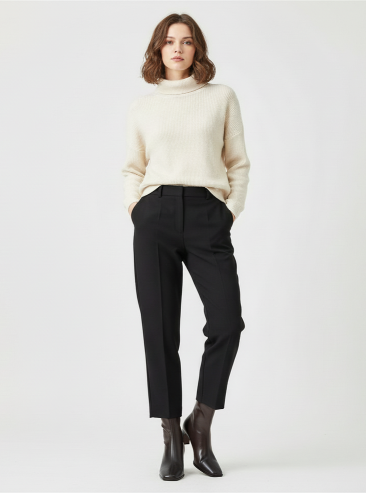 Woman wearing a beige sweater and black pants on a white background