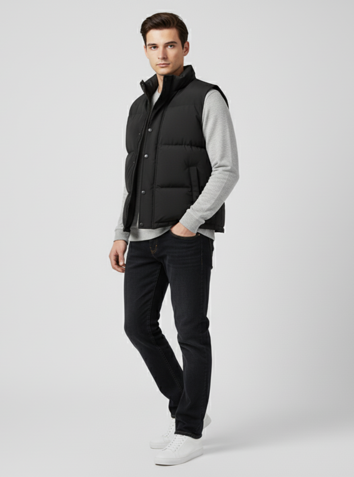 Man wearing a black puffer vest over a light gray shirt, dark jeans, and white shoes on a light gray background.
