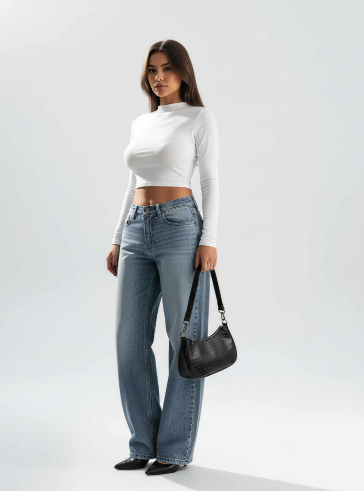 Woman wearing a white long-sleeve top and blue jeans, holding a black handbag on a white background