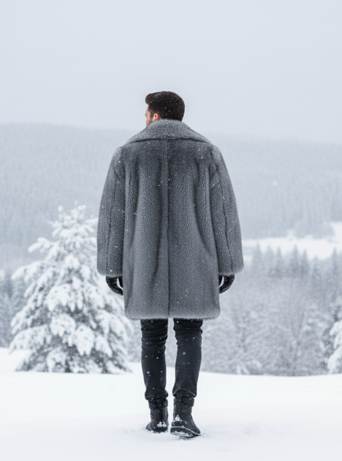 Person wearing a gray coat standing in a snowy landscape with trees and mountains.