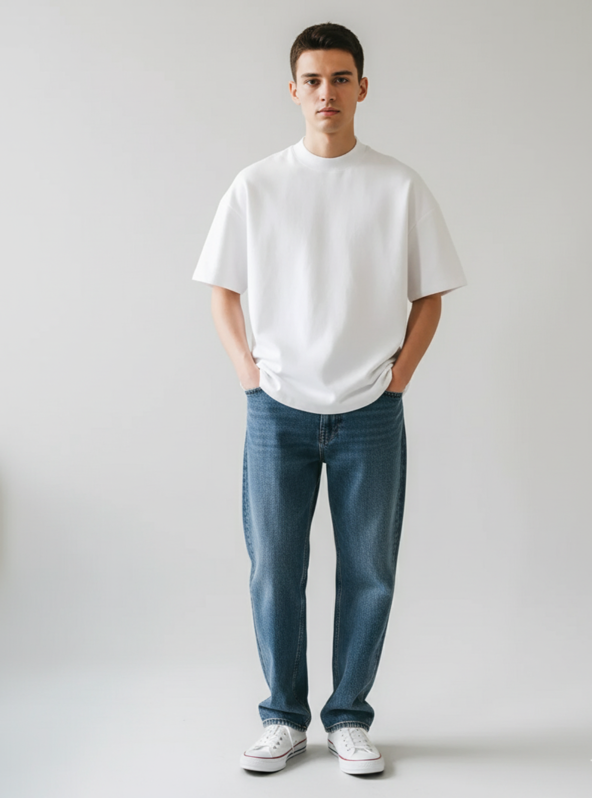 Man wearing a white t-shirt and blue jeans against a plain background