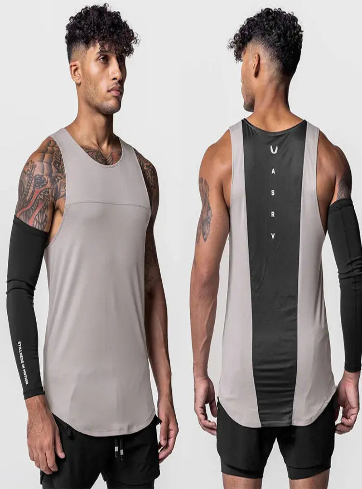 Man wearing a gray and black tank top with 'Vasque' branding, showing front and back views.