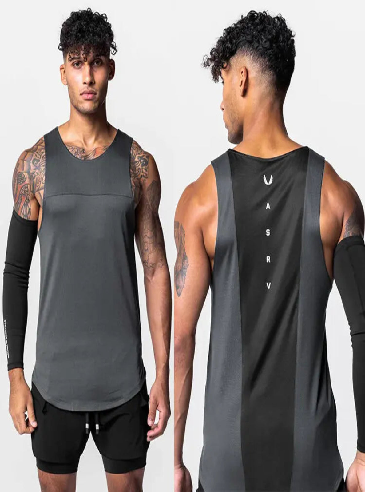 Man wearing a gray tank top with branding on the back, shown from front and back views.