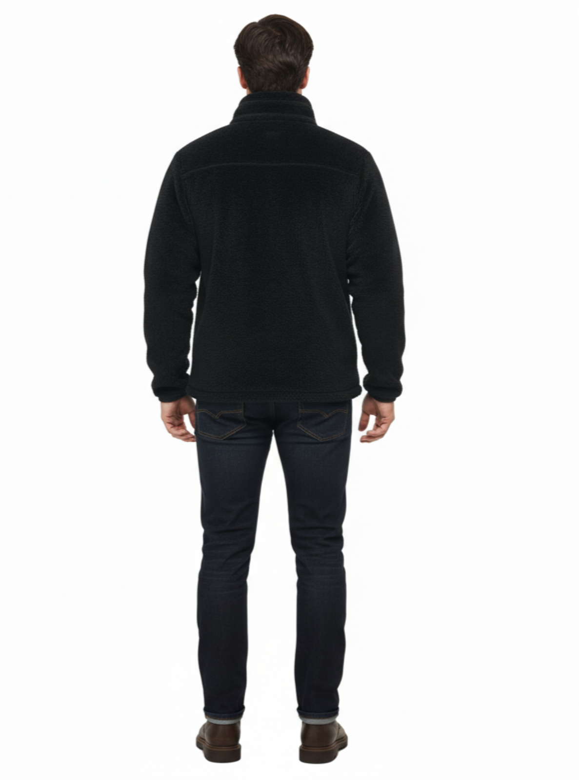 Man wearing a black jacket and jeans on a white background