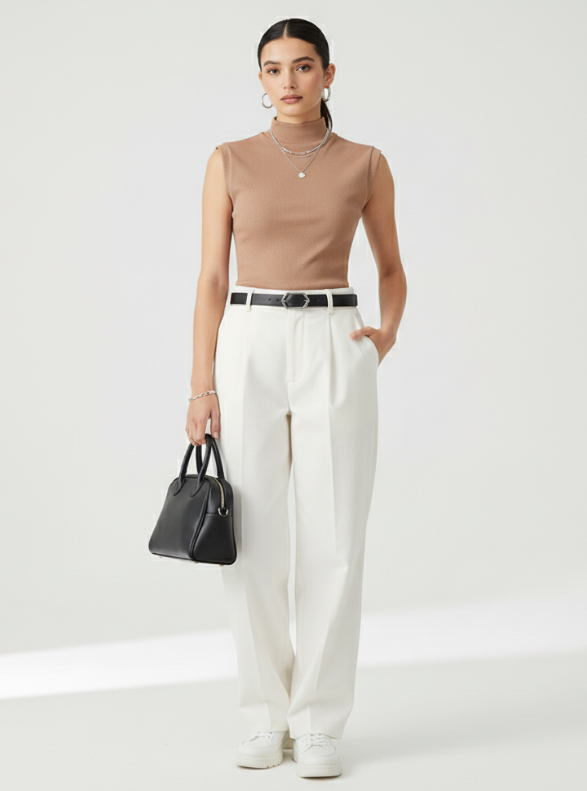 Woman wearing a beige sleeveless top and white pants, holding a black handbag on a white background