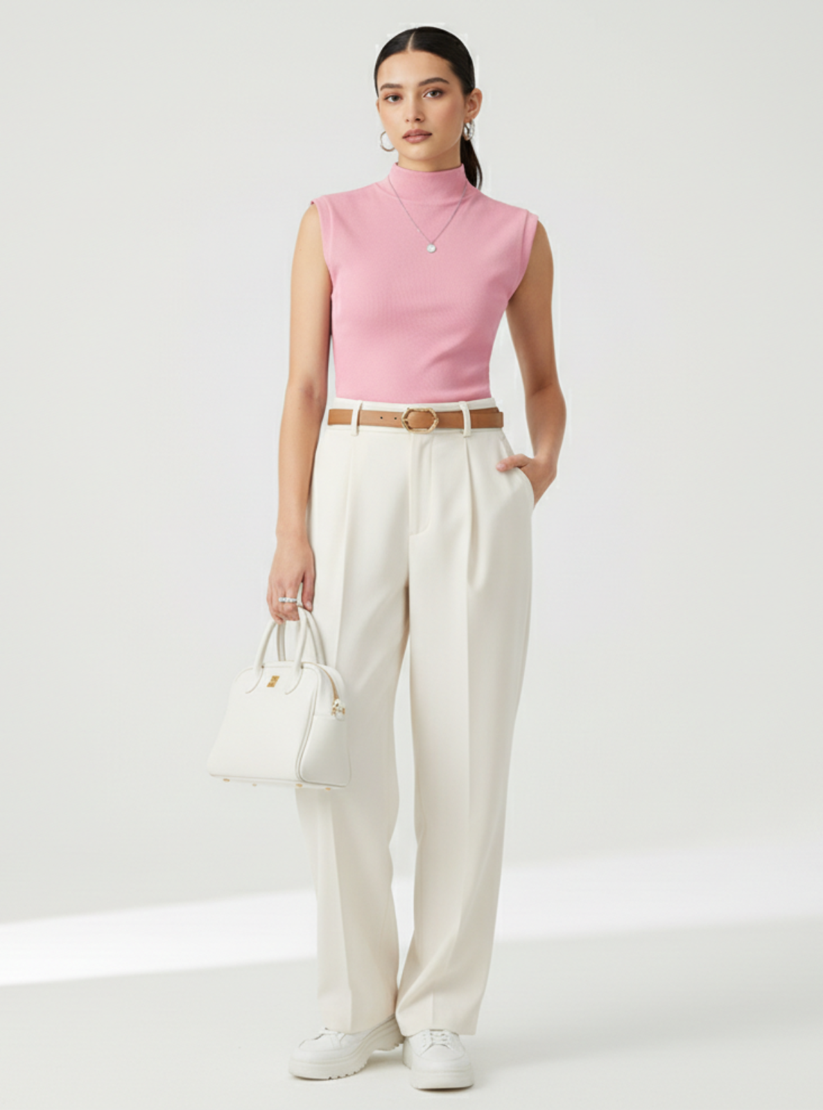 Woman wearing a pink sleeveless top and beige pants on a white background