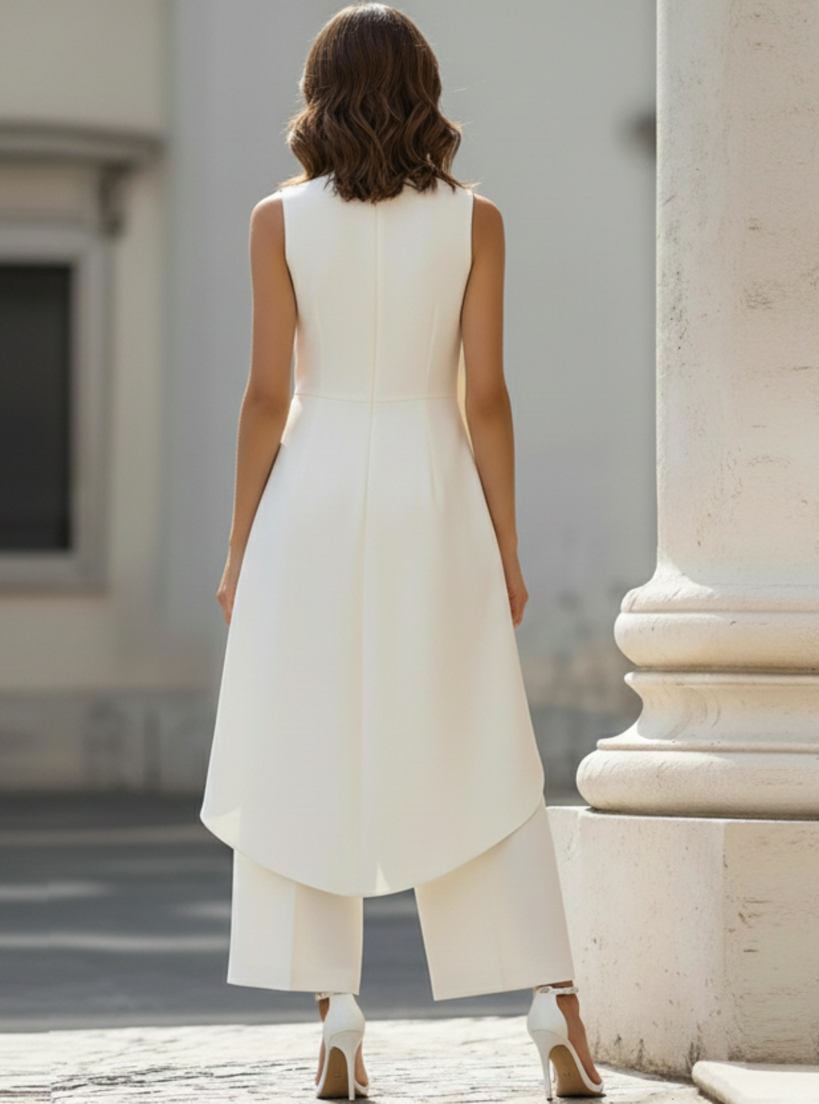 Woman in a white dress standing next to a classical building with columns.