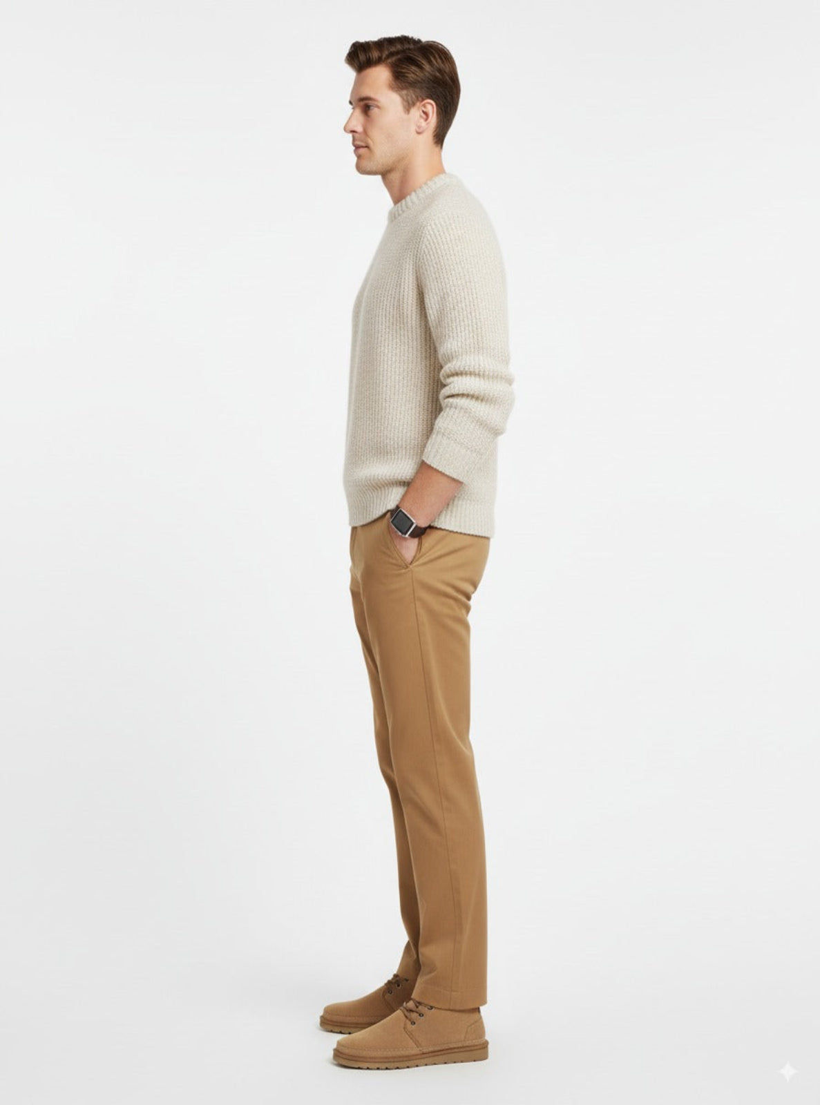 Man wearing a beige sweater and tan pants on a white background