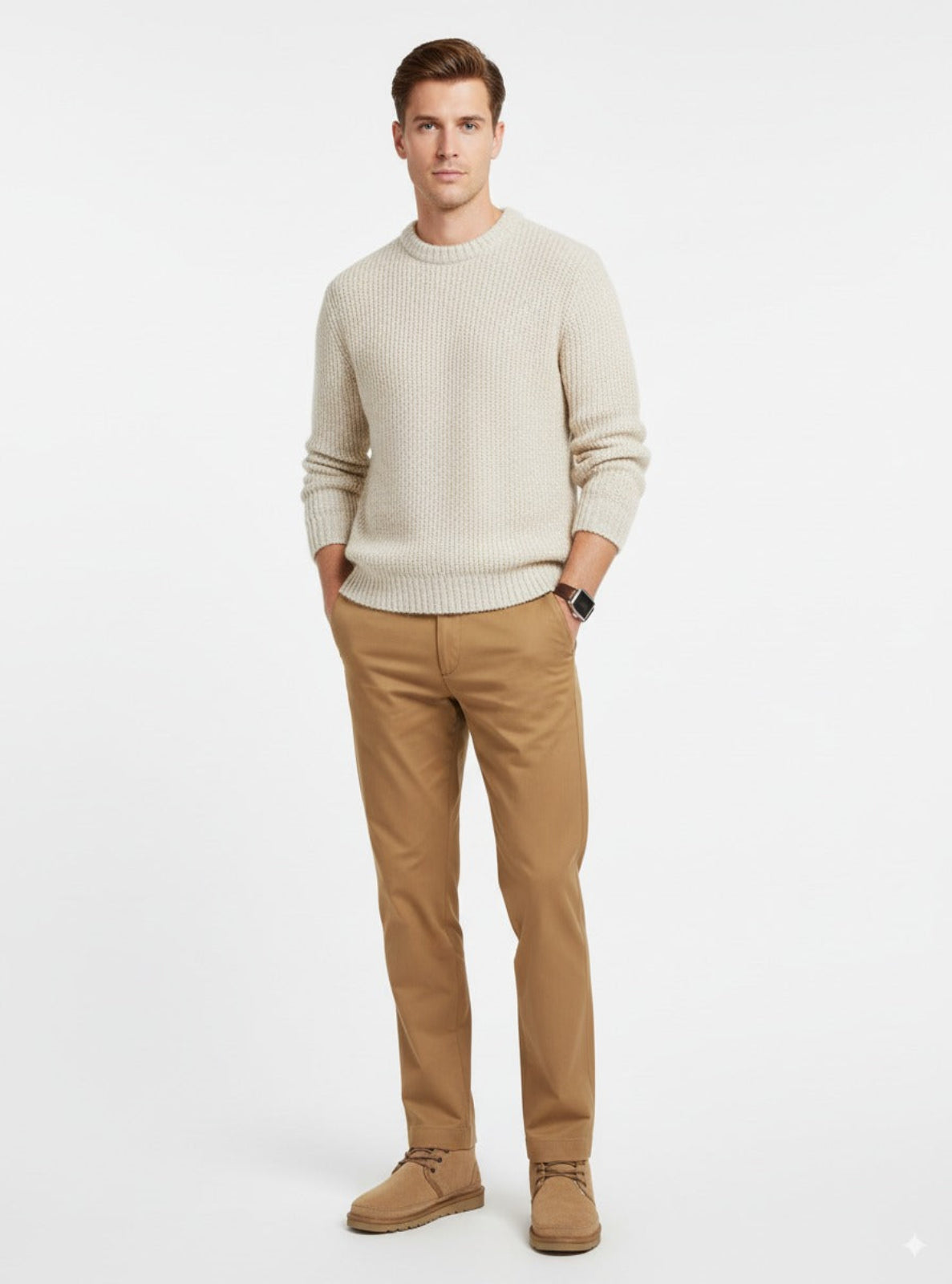 Man wearing a beige sweater and tan pants on a white background